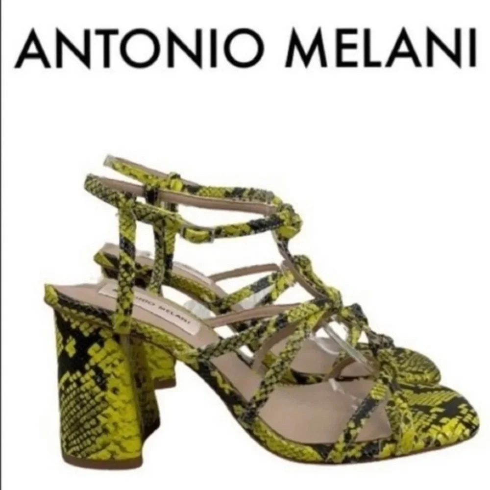 Antonio Melani Bayslie Yellow Black Snake Print Block Sandal Heels Women 7.5 EUC